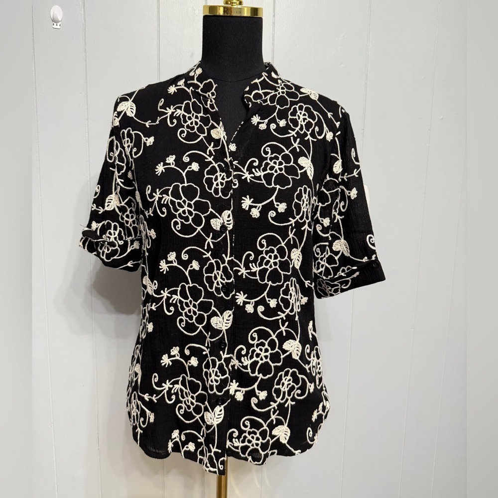 Elegant Black and White Floral Cotton Blouse